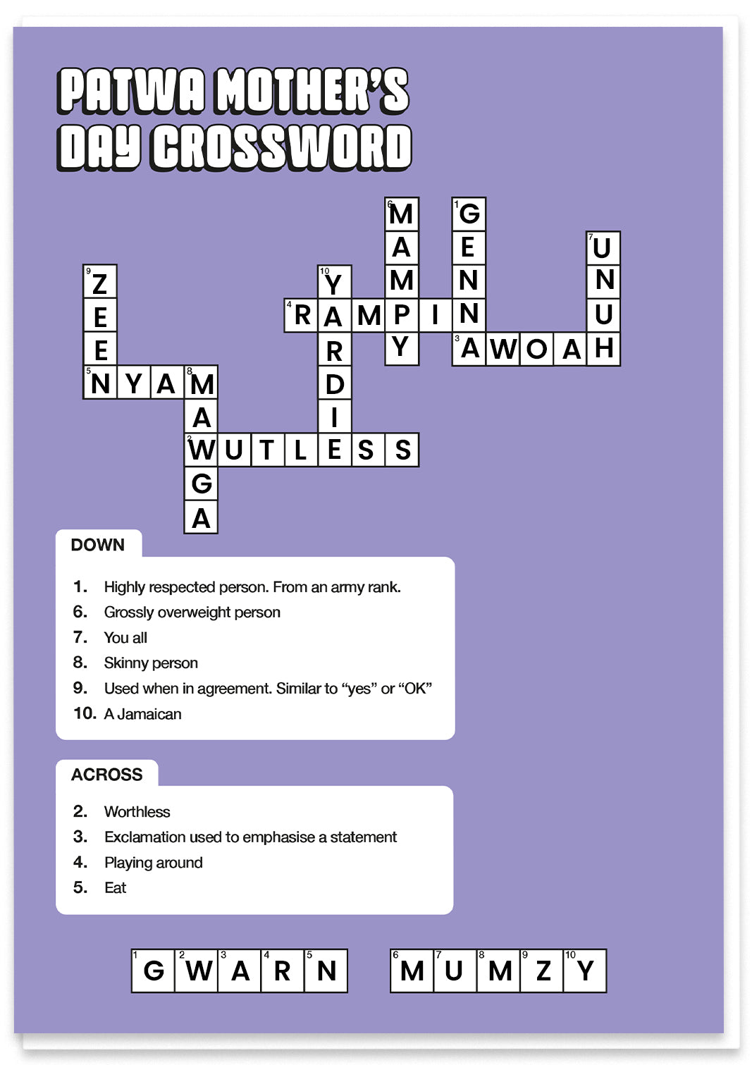 Patwa Mother's Day Crossword
